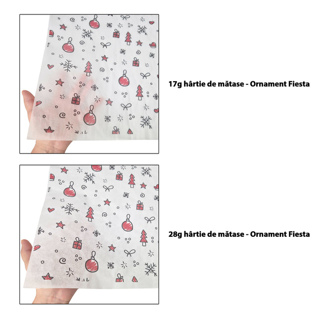 Hârtie de mătase model Crăciun Ornament Fiesta 17 g/m² vs 28 g/m² comparație de transparență, dimensiune 50x75cm