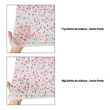 Hârtie de mătase model Crăciun Santa Partyt 17 g/m² vs 28 g/m² comparație de transparență, dimensiune 50x75cm