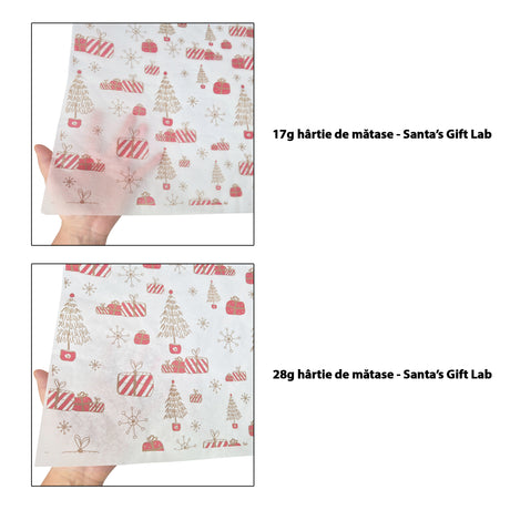 Hârtie de mătase model Crăciun Santa’s Gift Lab 17 g/m² vs 28 g/m² comparație de transparență, dimensiune 50x75cm