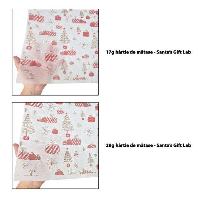 Hârtie de mătase model Crăciun Santa’s Gift Lab 17 g/m² vs 28 g/m² comparație de transparență, dimensiune 50x75cm
