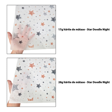 Hârtie de mătase model Crăciun Star Doodle Night 17 g/m² vs 28 g/m² comparație de transparență, dimensiune 50x75cm