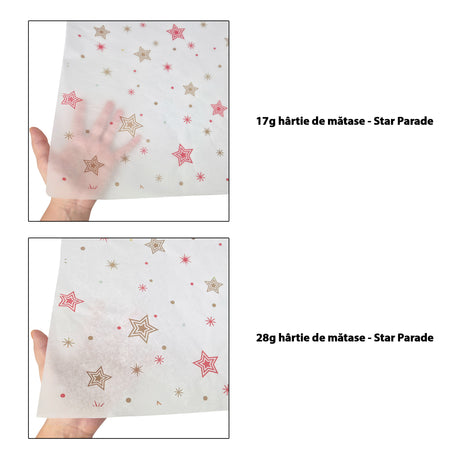 Hârtie de mătase model Crăciun Star Parade 17 g/m² vs 28 g/m² comparație de transparență, dimensiune 50x75cm