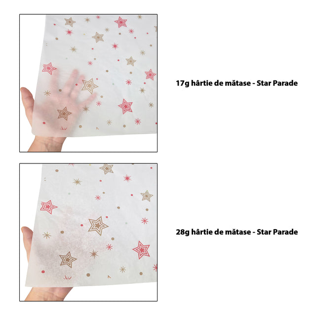 Hârtie de mătase model Crăciun Star Parade 17 g/m² vs 28 g/m² comparație de transparență, dimensiune 50x75cm