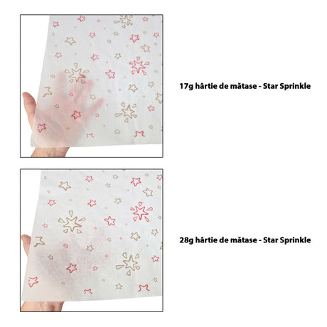 Hârtie de mătase model Crăciun Star Sprinkle 17 g/m² vs 28 g/m² comparație de transparență, dimensiune 50x75cm