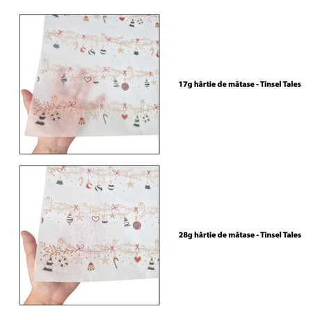 Hârtie de mătase model Crăciun Tinsel Tales 17 g/m² vs 28 g/m² comparație de transparență, dimensiune 50x75cm