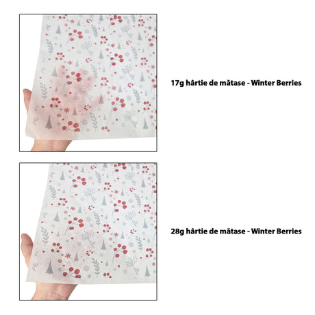 Hârtie de mătase model Crăciun Winter Berries 17 g/m² vs 28 g/m² comparație de transparență, dimensiune 50x75cm