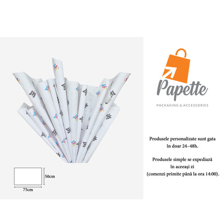 Hârtie de mătase personalizată albă, aranjament tip evantai, 28g/m² – dimensiune 50x75cm