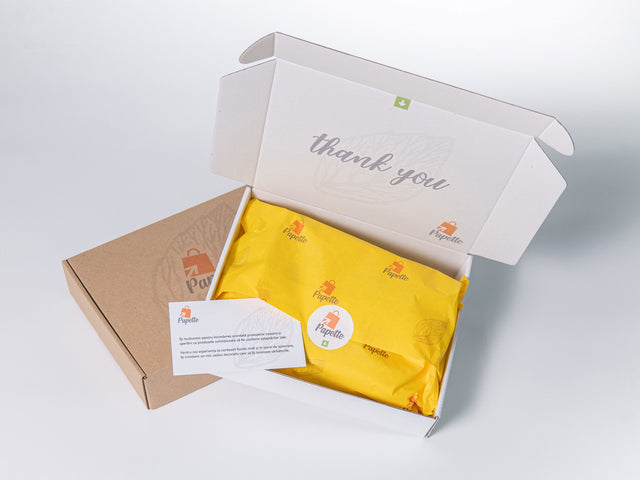 Hârtie de mătase galbenă, aranjată într-o cutie de transport si thank you card, 28g/m² – dimensiune 50x75cm