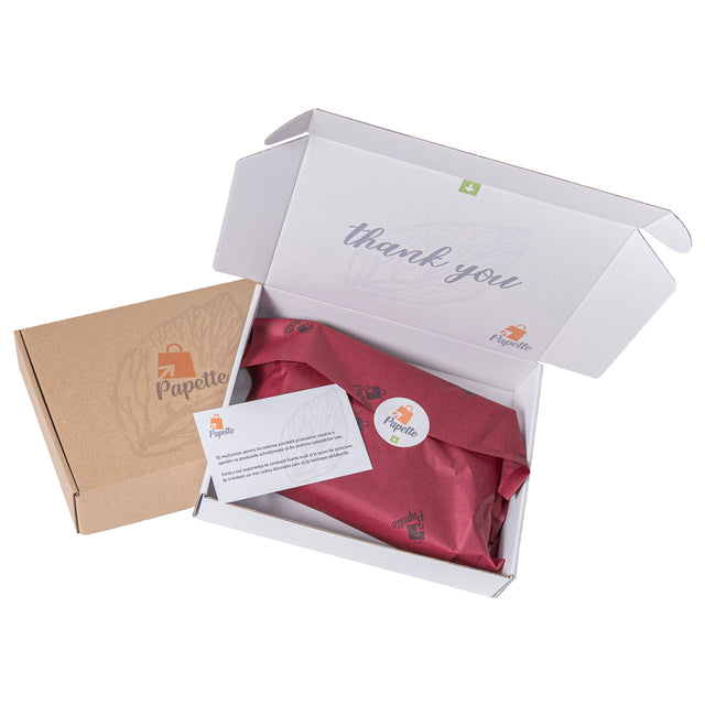 Hârtie de mătase grena, aranjată într-o cutie de transport si thank you card, 28g/m² – dimensiune 50x75cm