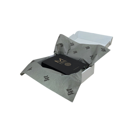 Hârtie de mătase personalizată gri, aranjată într-o cutie de transport, 28g/m² – dimensiune 50x75cm