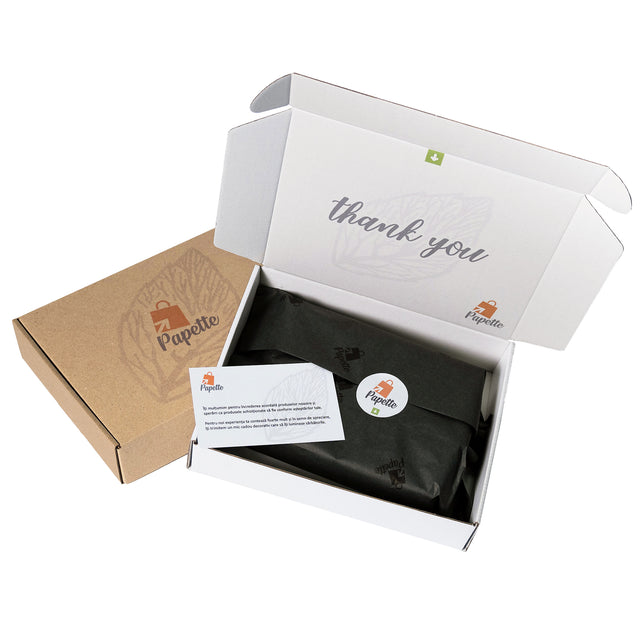 Hârtie de mătase personalizată neagra, aranjată într-o cutie de transport si thank you card, 28g/m² – dimensiune 50x75cm