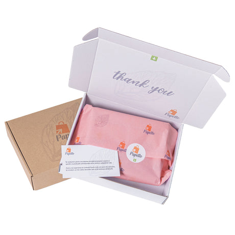 Hârtie de mătase roz deschis, aranjată într-o cutie de transport si thank you card, 28g/m² – dimensiune 50x75cm