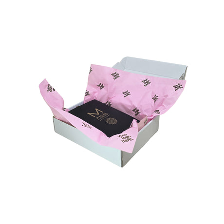 Hârtie de mătase personalizată roz pastel, aranjată într-o cutie de transport, 28g/m² – dimensiune 50x75cm