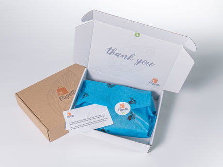 Hârtie de mătase personalizată turcoaz, aranjată într-o cutie de transport si thank you card, 28g/m² – dimensiune 50x75cm