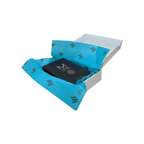 Hârtie de mătase personalizată turcoaz, aranjată într-o cutie de transport, 28g/m² – dimensiune 50x75cm