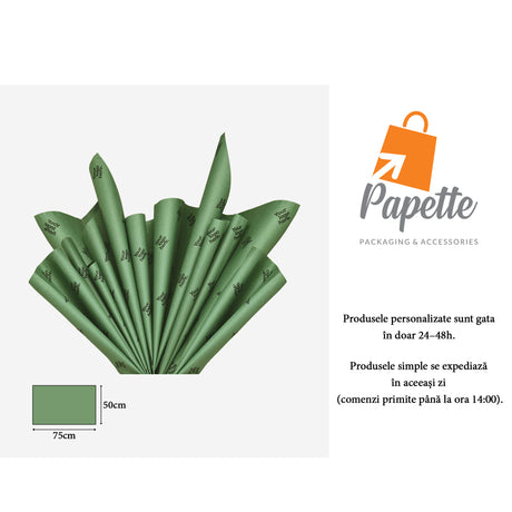 Hârtie de mătase personalizată verde închis, aranjament tip evantai, 28g/m² – dimensiune 50x75cm