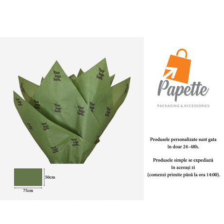 Hârtie de mătase personalizată verde-măsliniu, aranjament evantai, 17g/m² – dimensiune 50x75cm