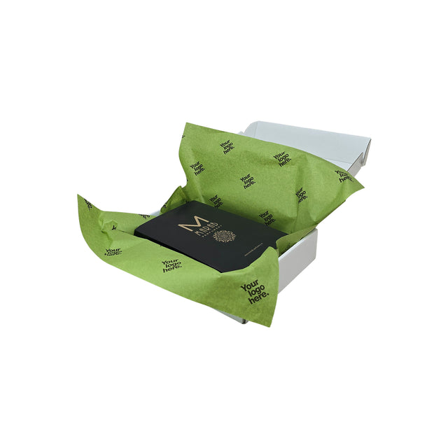 Hârtie de mătase personalizată verde-măsliniu, aranjată într-o cutie de transport, 28g/m² – dimensiune 50x75cm