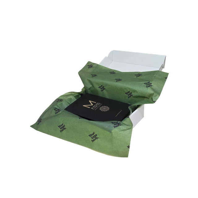 Hârtie de mătase personalizată verde pădure, aranjată într-o cutie de transport, 17g/m² – dimensiune 50x75cm