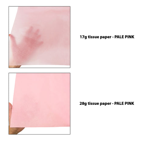 Hârtie de mătase roz deschis, comparație transparențe 17g/m² vs 28g/m², dimensiune 50x75cm
