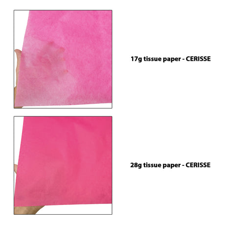 Hârtie de mătase fuchsia-roz, comparație transparențe 17gr vs 28gr, dimensiune 50x75cm