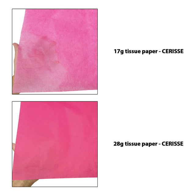 Hârtie de mătase fuchsia-roz, comparație transparențe 17gr vs 28gr, dimensiune 50x75cm