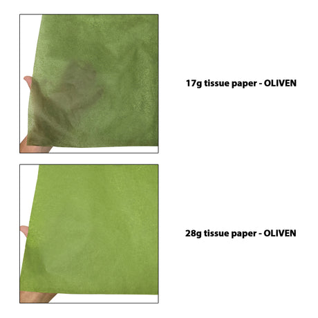 Hârtie de mătase verde măsliniu, comparație transparențe 17g/m² vs 28g/m², dimensiune 50x75cm