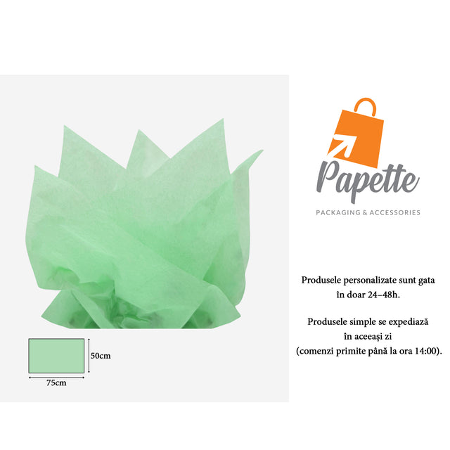 Hârtie de mătase verde menta, aranjament evantai, 17g/m² – dimensiune 50x75cm