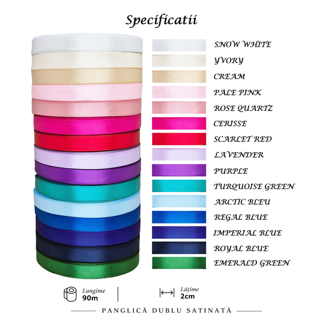 Panglică dublu satinată 2 cm x 90 m – modele și culori disponibile