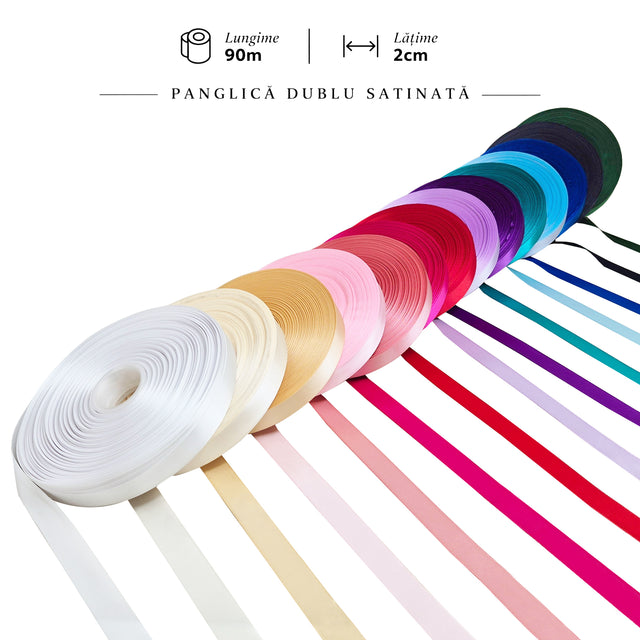 Panglică dublu satinată 2 cm x 90 m – selecție de culori pentru decorarea ambalajelor.