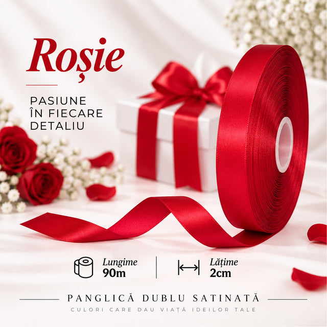 Panglică dublu satinată rosie 2 cm x 90 m – rolă pentru ambalaje și decor