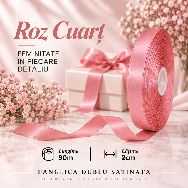 Panglică dublu satinată roz cuart 2 cm x 90 m – rolă pentru ambalaje și decor