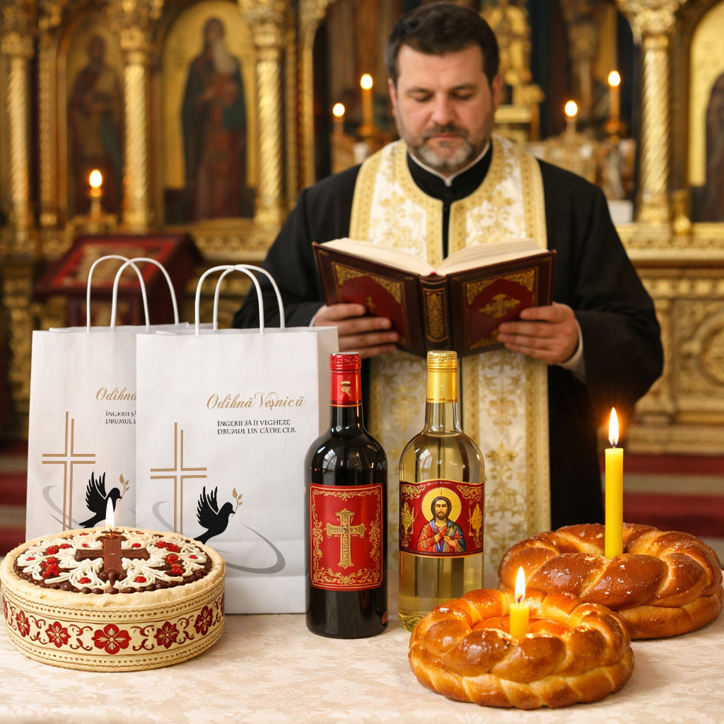 Pungă hârtie kraft ALB pentru parastas, pomană, înmormântare „Drumul Spre Cer” Odihnă Veşnică – mânere răsucite – 22 x 31(H) x 10 cm