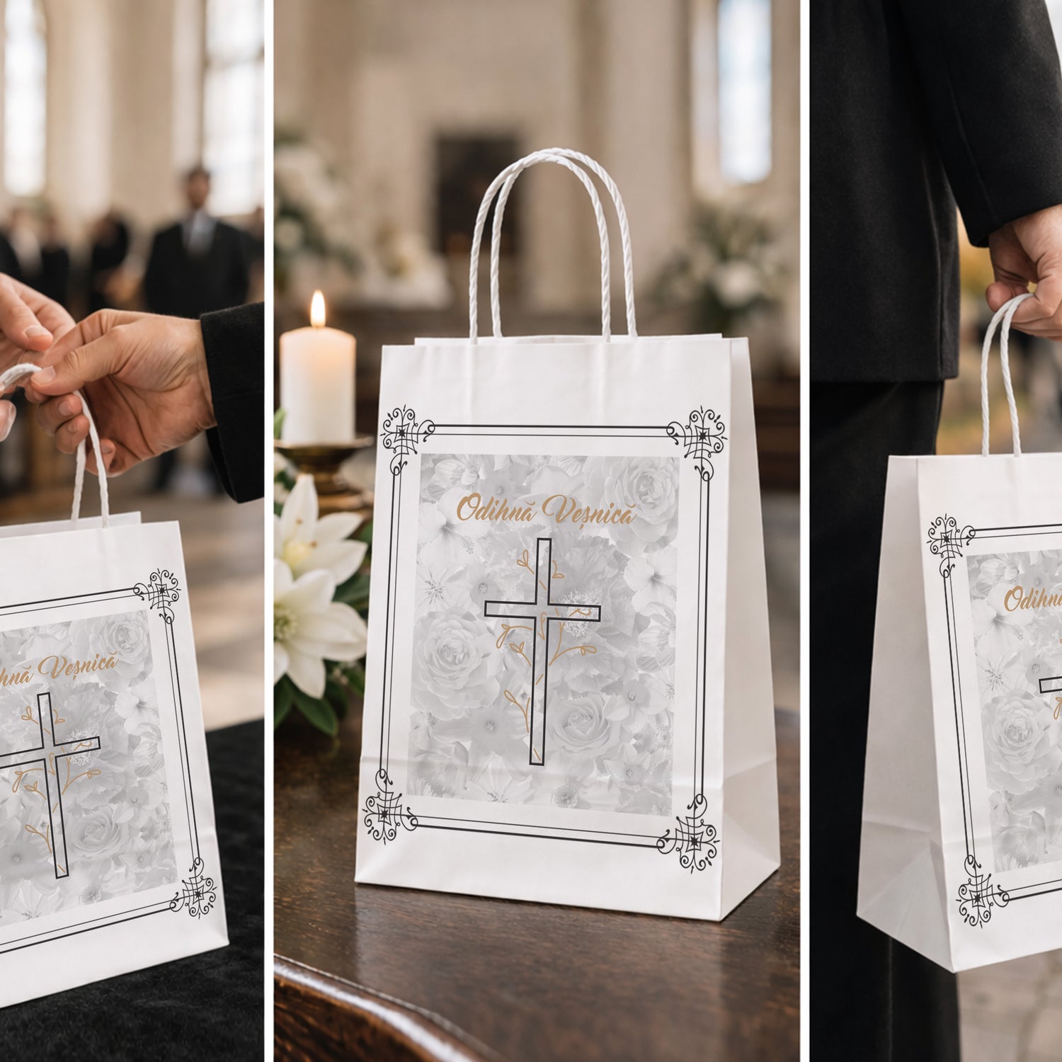 Pungă hârtie kraft ALB pentru parastas, pomană, înmormântare „Grădina Cerului” Odihnă Veşnică – mânere răsucite – 18 x 22(H) x 8 cm