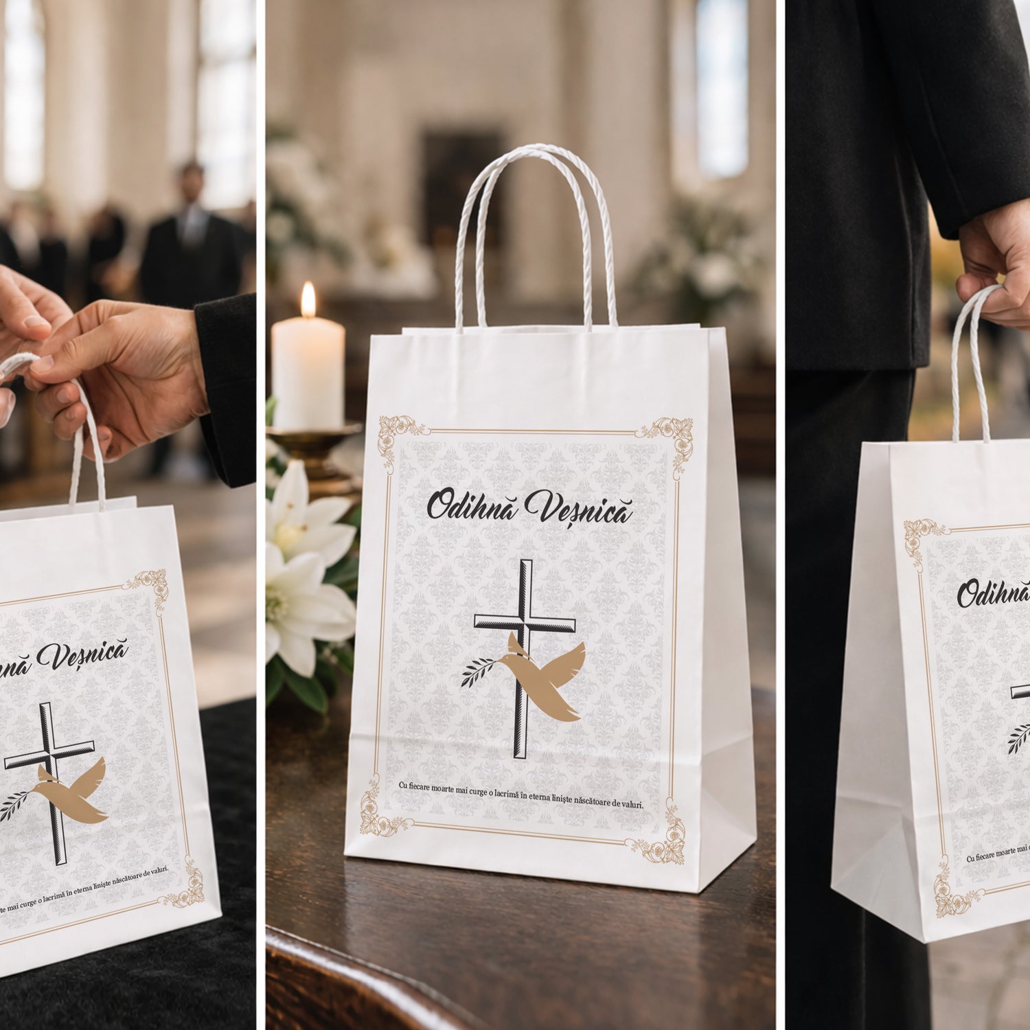 Pungă hârtie kraft ALB pentru parastas, pomană, înmormântare „Porumbel Auriu” Odihnă Veşnică – mânere răsucite – 18 x 22(H) x 8 cm