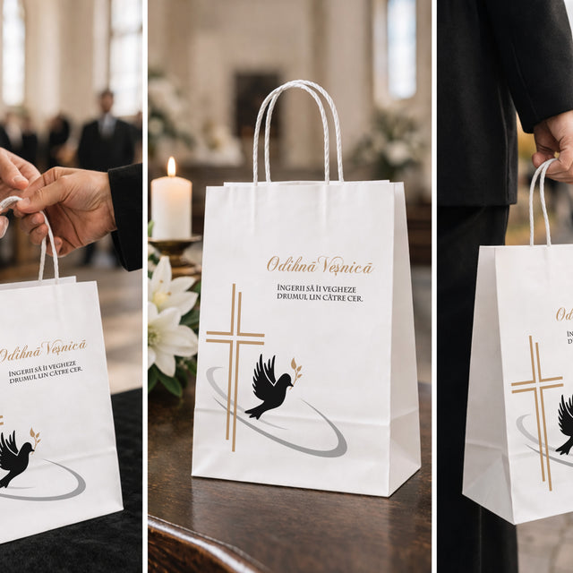Pungă hârtie kraft ALB pentru parastas, pomană, înmormântare „Drumul Spre Cer” Odihnă Veşnică – mânere răsucite – 22 x 31(H) x 10 cm