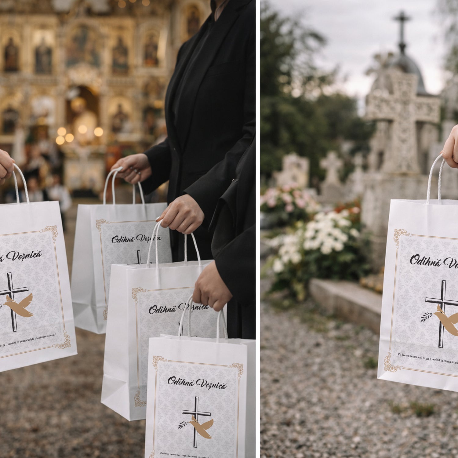 Pungă hârtie kraft ALB pentru parastas, pomană, înmormântare „Porumbel Auriu” Odihnă Veşnică – mânere răsucite – 18 x 22(H) x 8 cm