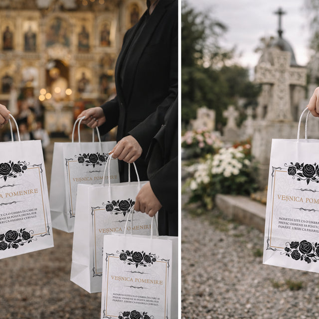 Pungă hârtie kraft ALB pentru parastas, pomană, înmormântare „Trandafiri Negri” Veşnică Pomenire – mânere răsucite – 22 x 31(H) x 10 cm