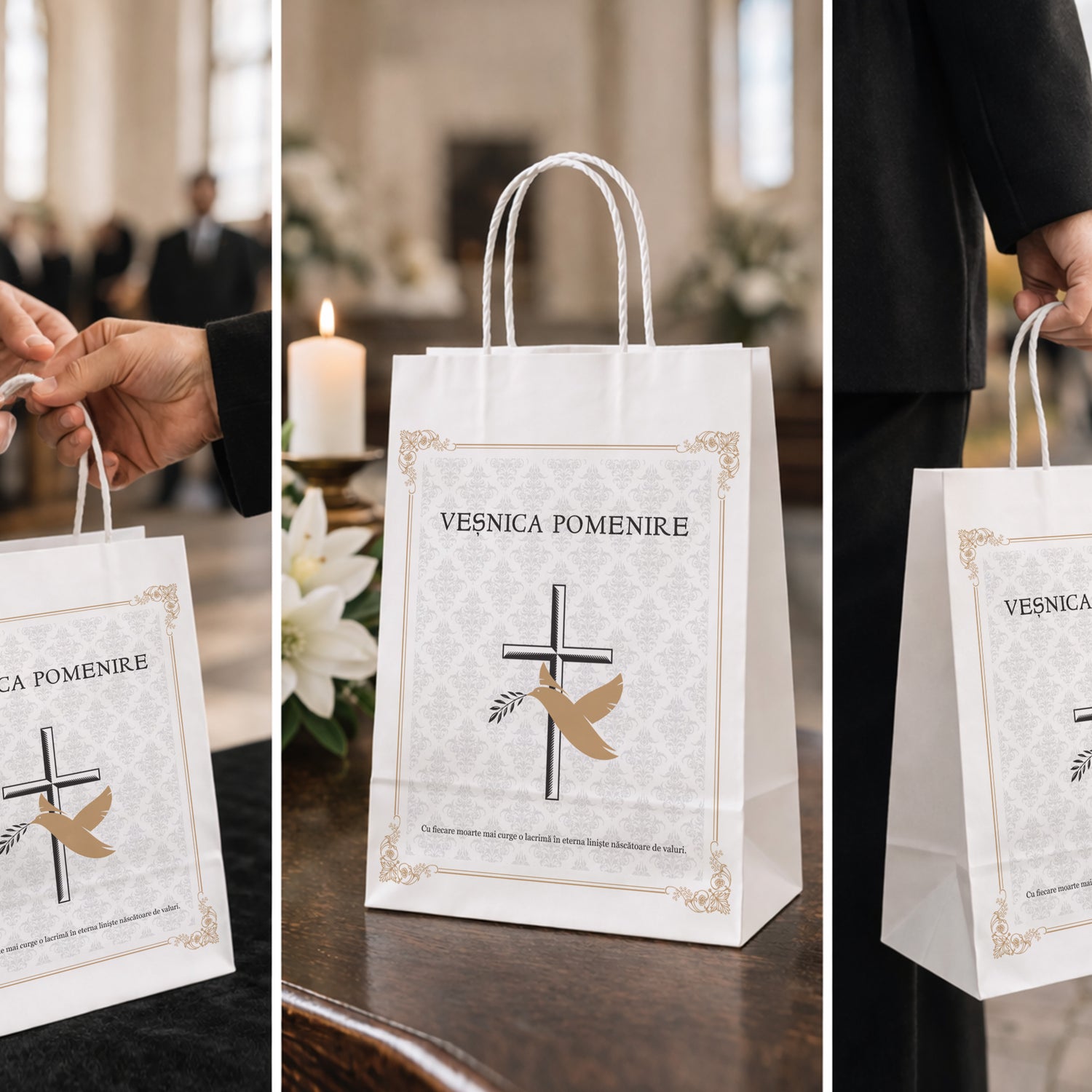 Pungă hârtie kraft ALB pentru parastas, pomană, înmormântare „Porumbel Auriu” Veşnică Pomenire – mânere răsucite – 18 x 22(H) x 8 cm