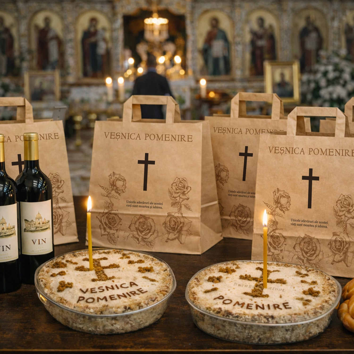 Pungă hârtie kraft NATUR pentru parastas, pomană, înmormântare „Trandafirii Aurii” Veşnică Pomenire – mânere plate – 26 x 25(H) x 17 cm