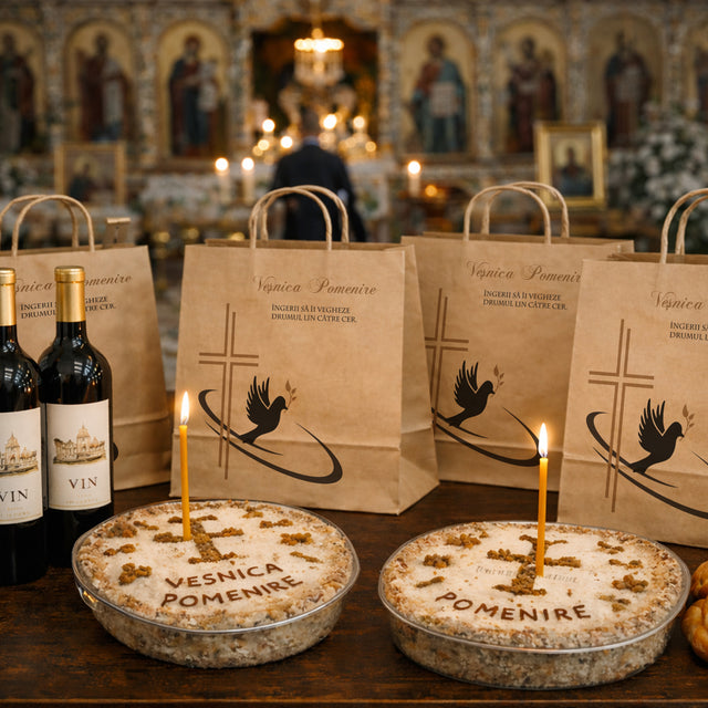Pungă hârtie kraft NATUR pentru parastas, pomană, înmormântare „Drumul Spre Cer” Veşnică Pomenire – mânere răsucite – 22 x 31(H) x 10 cm