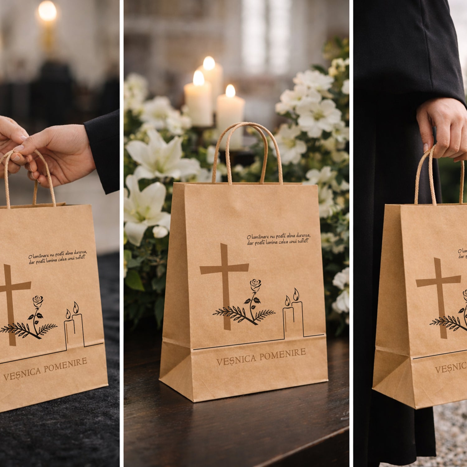 Pungă hârtie kraft NATUR pentru parastas, pomană, înmormântare „Lumânare şi Trandafir” Veşnică Pomenire – mânere răsucite – 27 x 36(H) x 11 cm