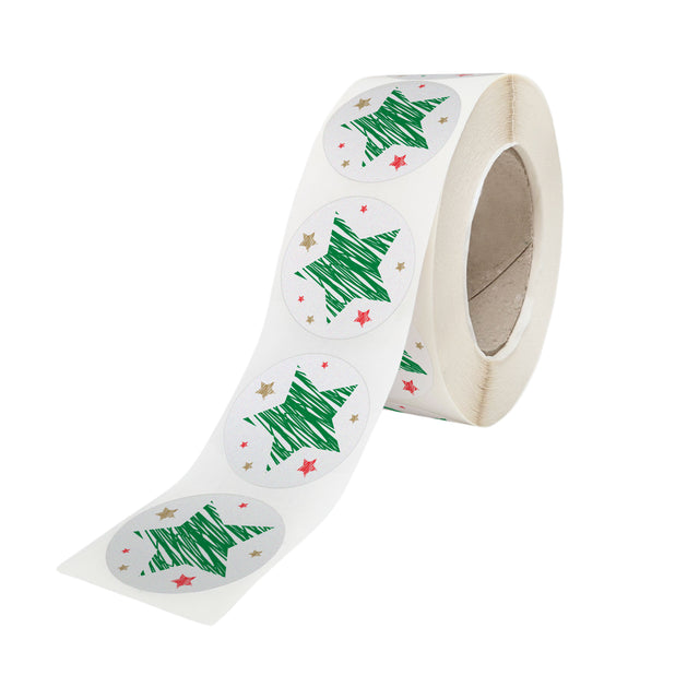 Rola stickere model Craciun Merry Mix Stars – stickere rotunde pentru ambalaje de sarbatori