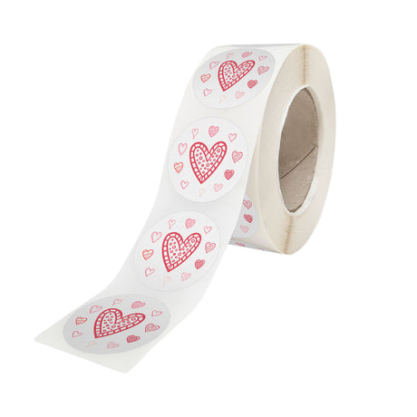 Rola stickere model Love Patchwork Hearts 4a – stickere rotunde pentru ambalaje de sarbatori
