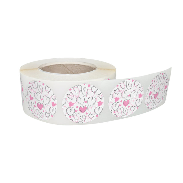 Rola stickere decorative model Love Sketchy Hearts 6a – etichete rotunde pentru pachete și cadouri
