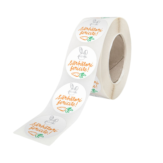 Rola stickere model Paște Little Grey Bunnies 7B – stickere rotunde pentru ambalaje de sarbatori