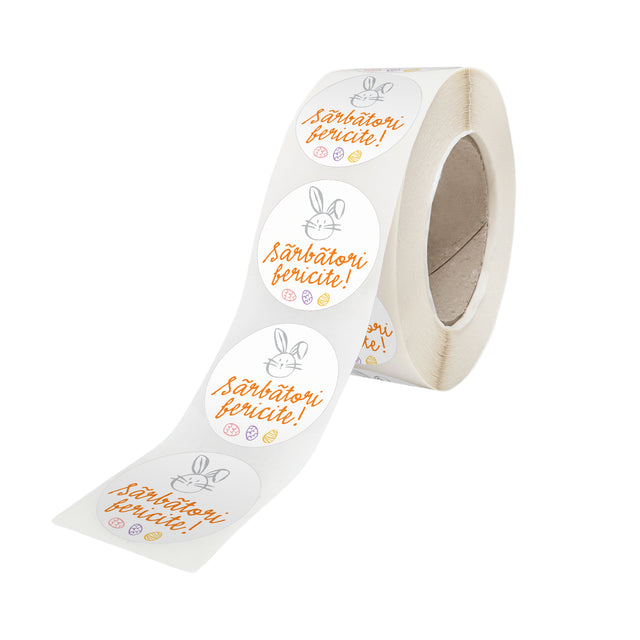 Rola stickere model Paște Little Grey Bunnies 7C – stickere rotunde pentru ambalaje de sarbatori