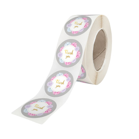 Rola stickere model Thank You Colorful Flowers – stickere rotunde pentru ambalaje de sarbatori