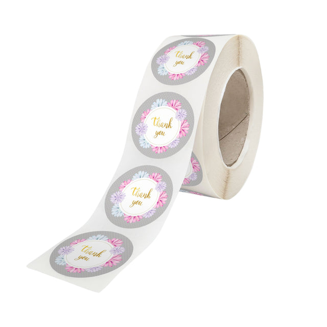 Rola stickere model Thank You Colorful Flowers – stickere rotunde pentru ambalaje de sarbatori