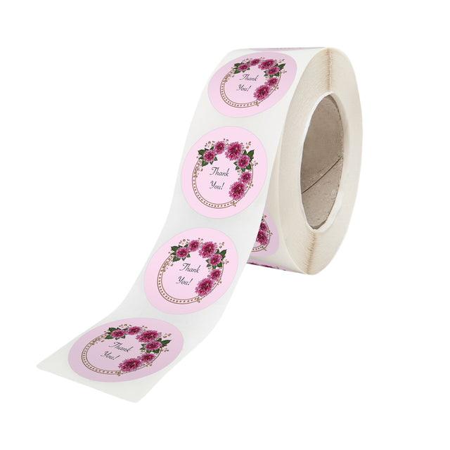 Rola stickere model Thank You Pink Floral Wreath – stickere rotunde pentru ambalaje de sarbatori